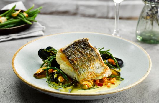 Food photograph of a seared crispy fillet of hake, served on top of steamed mussels and samphire, served in a pale blue dish on a grey concrete table, along with a cast iron pan of green beans, a glass of white wine and a small glass jar of lavender