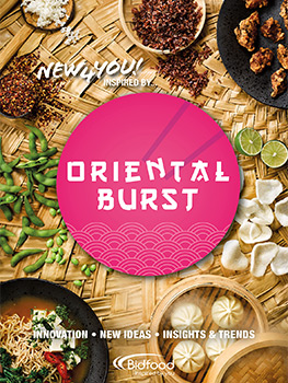 Food photograph of four editions of a foodservice magazine, themed around Americana, Modern Indian food, Oriental Pan-Asian food and Middle Eastern food