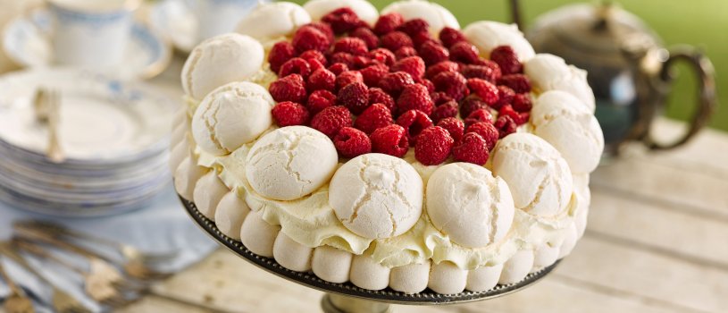 Food photograph close up of a raspberry pavlova with crisp meringue domes on top of fluffy whipped cream and fresh shiny raspberries served on a vintage cake stand, shot in an outdoor setting on a picnic table with grass in the background
