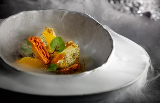 Food photograph of a fine dining dessert, orange parfait served in a ceramic bowl with orange supremes, red vein sorrel and orange honeycomb shards, shot on a black shiny background with billowing clouds of smoke