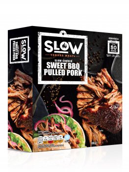 Food photograph of a ready meal pack of sweet BBQ pulled pork, featuring on the box a photograph of the pulled pork served on a black wooden board on a slate background, alongside pulled pork in a sandwich with pickled red onions and lettuce