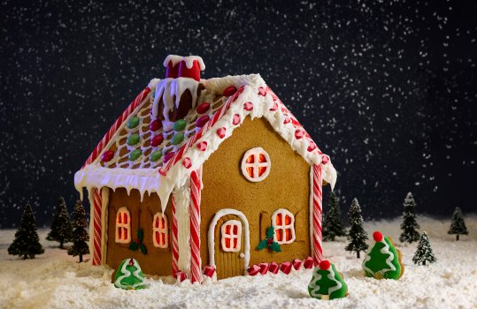 Food photograph of a home made gingerbread house, featuring royal icing snow on the roof, and candy cane and boiled sweet decorations and windows, shot on a bed of crushed meringues with tree shaped biscuits, against a dark snowy sky backdrop
