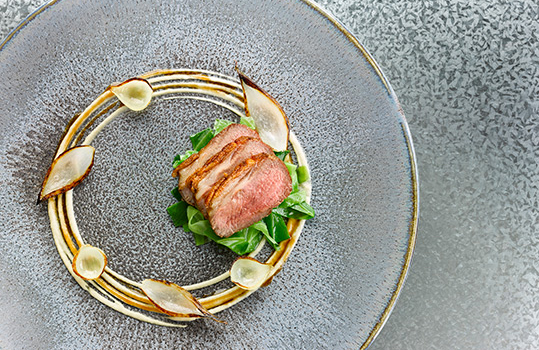 Aerial food photograph of a fine dining main course, seared juicy medium rare welsh lamb served on wilted cabbage, with charred onion petals and a swirl of onion puree - shot on a grey speckled ceramic plate on a galvanized steel background