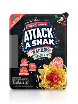 Front of pack Attack a Snak lunch packs, featuring a food photograph of nachos with cheese sauce and chipotle salsa shot on a black slate background