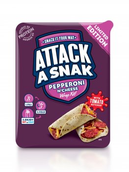 Front of pack Attack a Snak lunch packs, featuring a food photograph of a pepperoni and cheese wrap kit isolated against a purple background