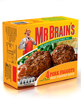 Front of pack photographs of Mr Brains 4 Pork Faggots and Mr Brains 4 Pork Sausages, the packs feature their respective products photographed close up drizzled in gravy with mashed potato and green vegetables in the background