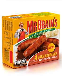 Front of pack photographs of Mr Brains 4 Pork Faggots and Mr Brains 4 Pork Sausages, the packs feature their respective products photographed close up drizzled in gravy with mashed potato and green vegetables in the background