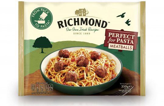 Front of pack photograph for Richmond frozen meatballs, featuring a food photograph of a bowl of spaghetti coated in tomato sauce and topped with dark brown fried meatballs