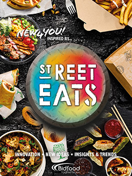 Photograph of a Street Eats food magazine cover, and two double page spreads featuring food photographs of loaded halloumi fries, cauliflower salad, gyoza, churros and waffles