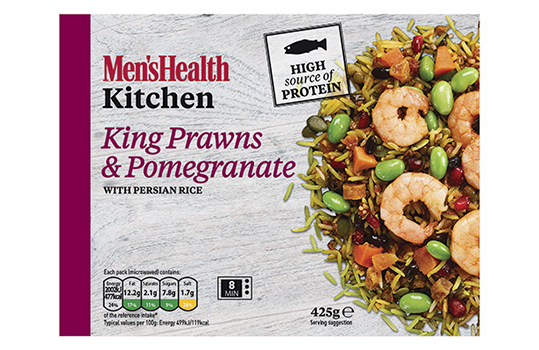 Four frozen ready meal front of pack images featuring food photographs of chicken tikka breast with aubergine and lentil dahl, Thai red chicken curry with spinach and wild rice, king prawns and pomegranate with Persian rice, and chicken tagine and chickpeas with bulgur wheat