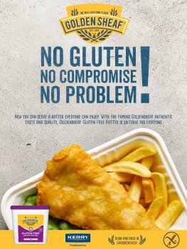 Food photograph close up of gluten free fish batter, served in a takeaway container with chips and mushy peas on a grey background, set into an advertisement for Golden Sheaf, the gluten free batter mix