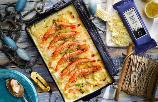 Aerial food photograph of a large dark blue ceramic dish filed with rich fish pie mac and cheese, topped with six bright pink tiger prawns in their shells, shot on a blue nautical themed background