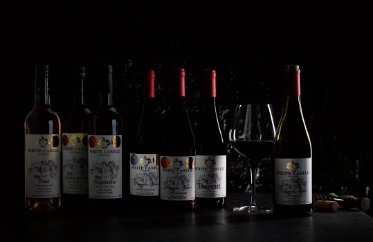 Atmospheric drinks photograph of a group of bottles and a glass of PGI Welsh wine, shot on a black slate background against a black brick wall