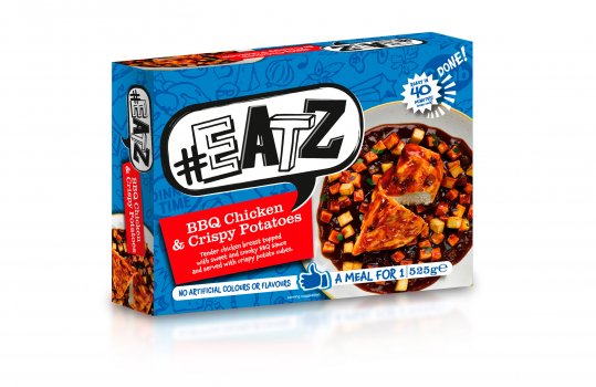 Food photograph of a plate of chicken with sticky BBQ potatoes on the front of a ready meal pack