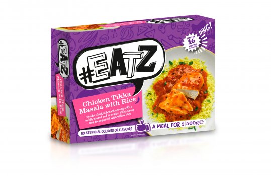 Food photograph of a plate of chicken tikka masala with rice on the front of a ready meal pack