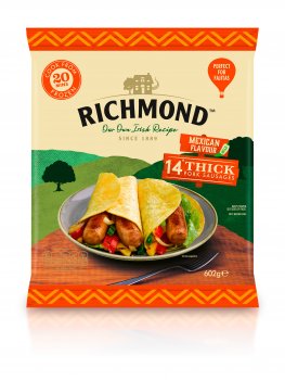 Food photograph of a plate of Mexican sausage fajita wraps with grilled peppers and onions, and fresh lettuce, on the front of a pack of Richmond Mexican flavour sausages