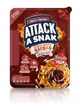 Front of pack Attack a Snak lunch packs, featuring a food photograph of nachos with sour cream sauce and chipotle salsa on a patterned Mexican graphic background