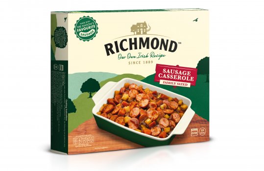 Food photograph of a family sized baking dish filled with Richmond sausage casserole, on the front of a pack of Richmond sausage casserole ready meal