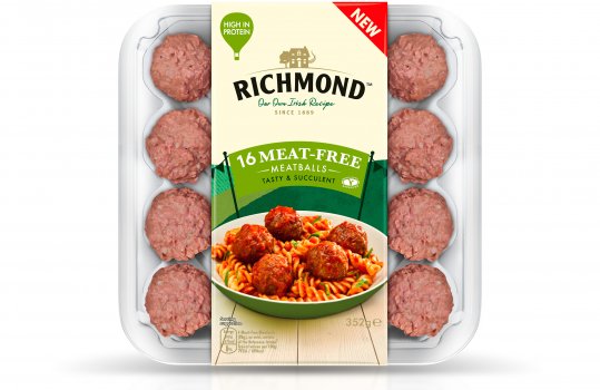 Food photograph of a plate of Richmond meat free meatballs with tomato fusilli pasta, on the front of a pack of Richmond meat free meatballs
