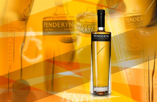 Abstract drinks photograph collage of a bottle of Penderyn Madeira Finish Welsh Gold whisky, the bottle shown cut out with a background of abstract shapes of blue and orange, to reflect the colours of the label and the whisky itself, and a collage of different angles and crops of the bottle