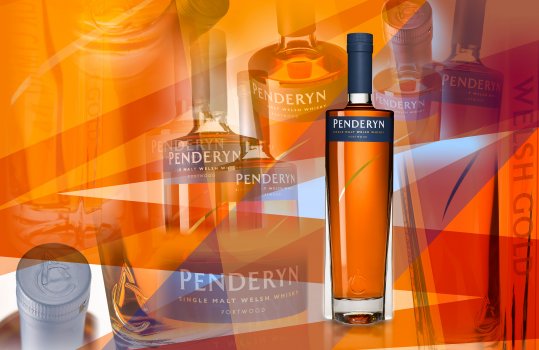 Abstract drinks photograph collage of a bottle of Penderyn Portwood Welsh Gold whisky, the bottle shown cut out with a background of abstract shapes of blue and orange, to reflect the colours of the label and the whisky itself, and a collage of different angles and crops of the bottle