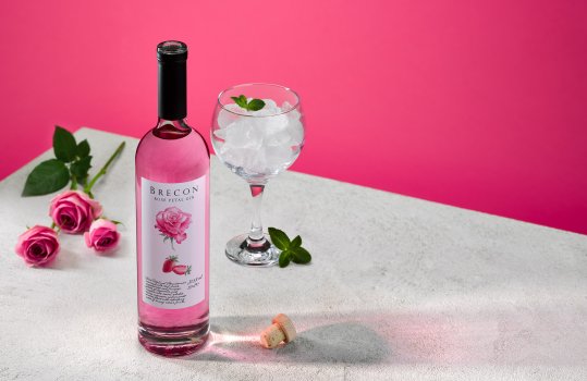 Drinks photograph of a bottle of Brecon Rose Petal Gin, a bottle of gin with the cork removed shown in an abstract setting on a concrete tabletop with a pink background, the same colour as the gin, with a selection of pink roses and a balloon glass filled with ice and sprigs of mint