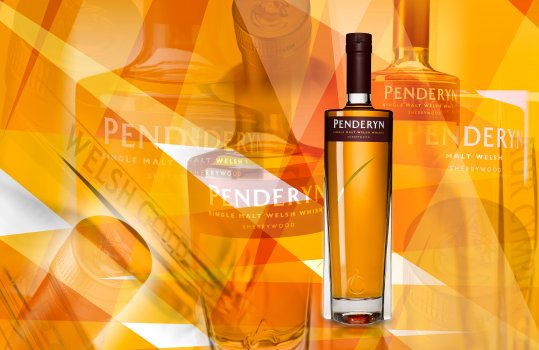 Abstract drinks photograph collage of a bottle of Penderyn Sherrywood Welsh Gold whisky, the bottle shown cut out with a background of abstract shapes of maroon and orange, to reflect the colours of the label and the whisky itself, and a collage of different angles and crops of the bottle