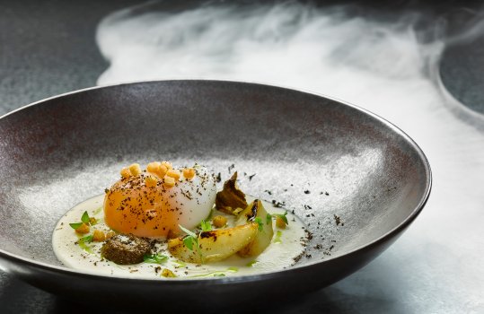 Food photograph of a fine dining starter, slow poached duck egg served on jerusalem artichoke veloute with roasted jerusalem artichoke wedges and mushroom puree. Served in a black bowl on a dark grey tabletop with clouds of smoke